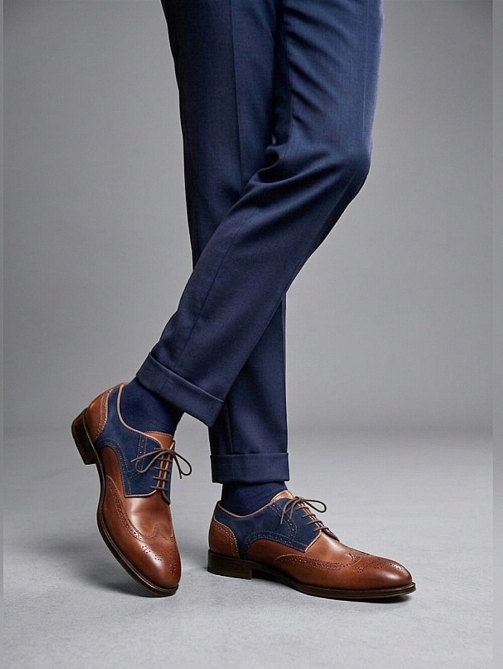 Ace Marks Wing-tip Vincent Brown Antique and Blue Suede / Sz 13 / Leather Derbys